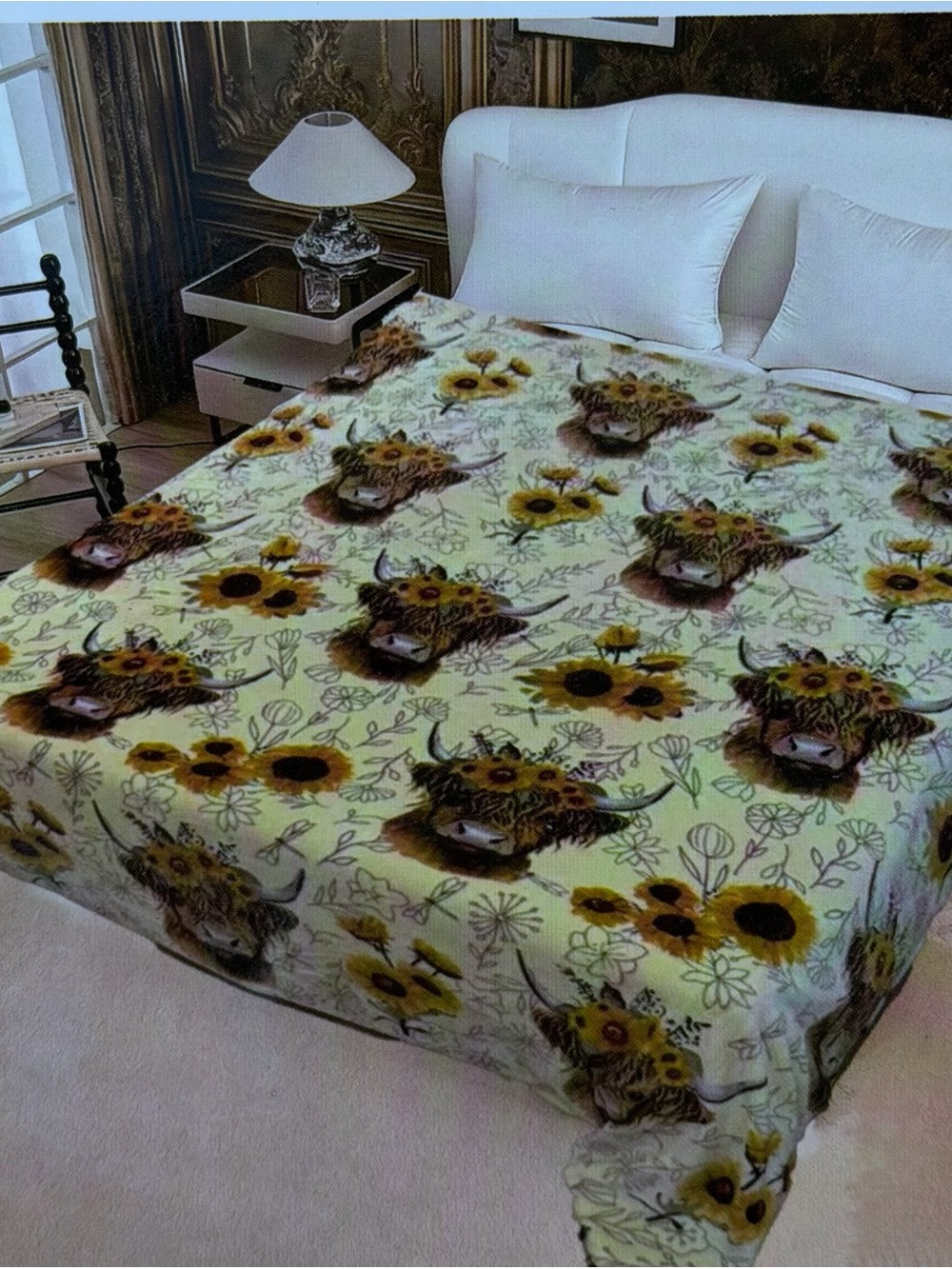 Highland Cow Sunflower king size flannel blanket thick soft  double sided- Cream